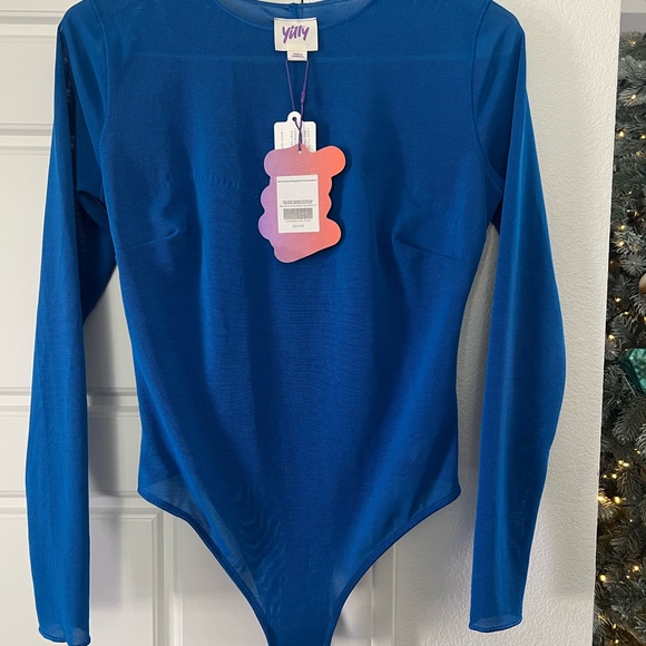 Yitty Mesh Me Smoothing Sleeved Thong Bodysuit In Bright Ass Blue Size Small NWT - Picture 5 of 12
